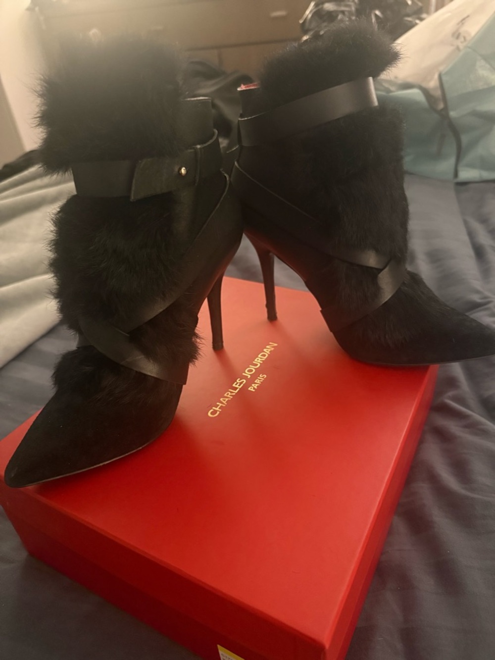 Charles Jourdan Black Fur-Strap Pointed Stiletto Ankle Boots
